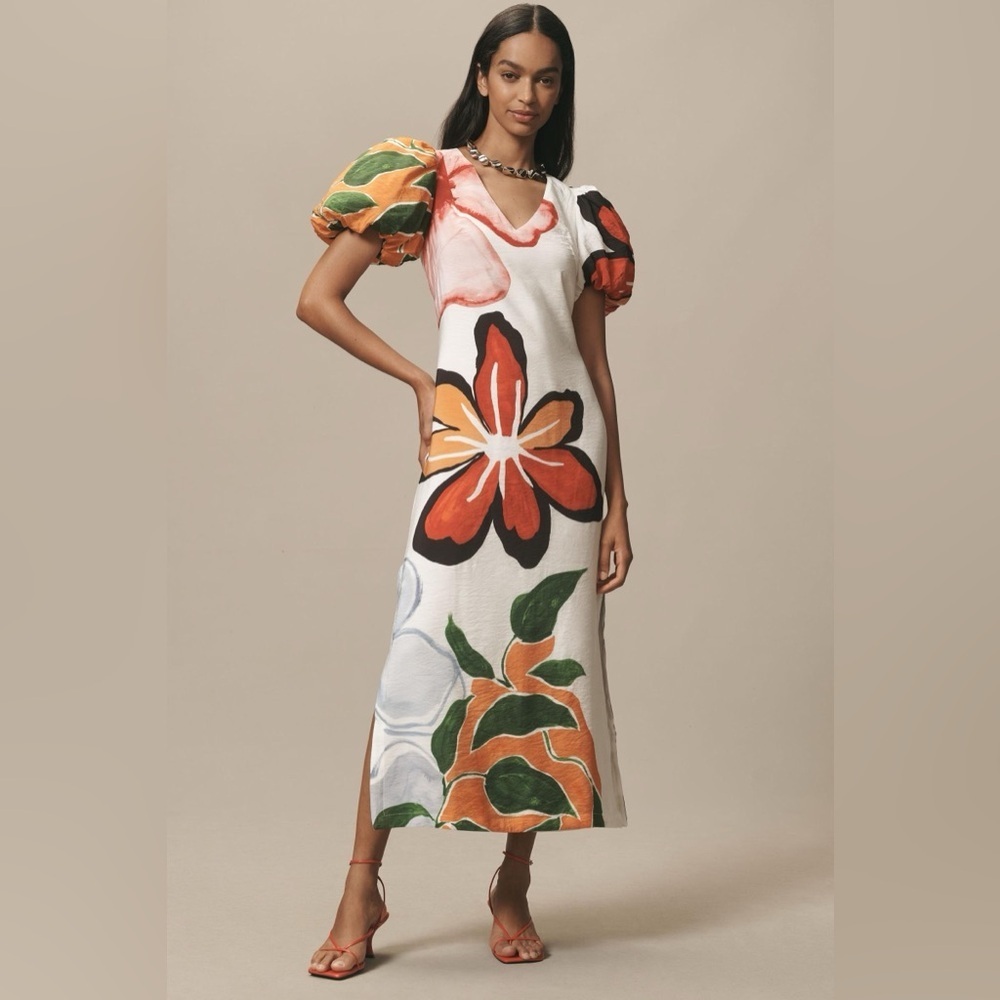 By Anthropologie Puff-Sleeve A-Line Maxi Dress